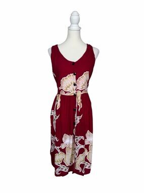Caribbean Girl Vintage Floral Midi Dress Size L Button Front Tie Waist Summer